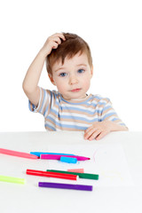 little puzzled child with color pen over white