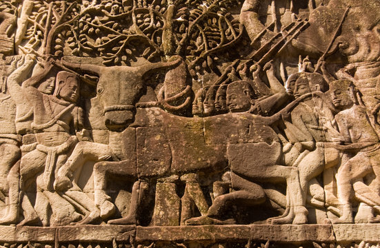 Buffalo sacrifice, Ancient Khmer sculpture, Cambodia