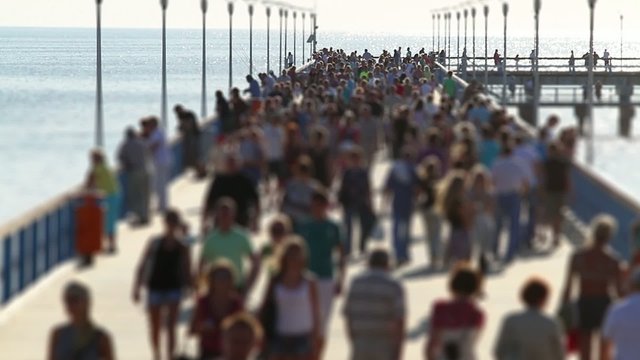 crowded pier, tilt-shift