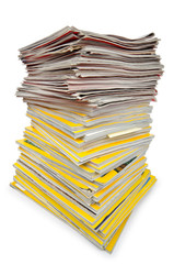 Books in high stack isolated on white