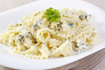 European cuisine. Pasta in cream sauce with blue cheese