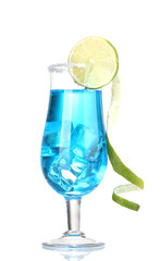 Blue cocktail in glasses with ice and sugar isolated on white