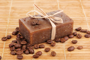 Hand-made soap on wooden mat