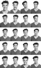 Young man face expressions composite black and white