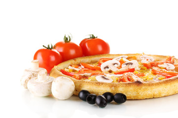 Aromatic pizza with vegetables and mushrooms isolated on white