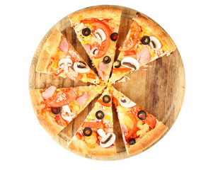 Sliced pizza close-up isolated on white