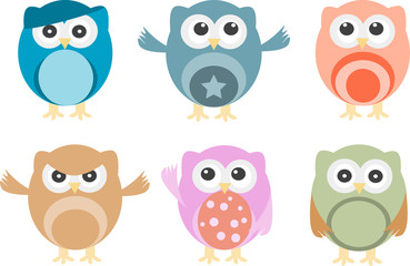 Set of six cartoon owls with various emotions
