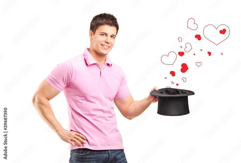 Sticker Smiling man holding a top hat and hearts coming out