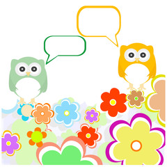 owl family with flowers and speech bubbles