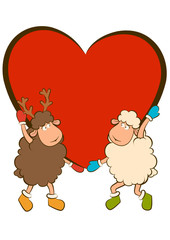 Vector cartoon funny sheep holds a heart