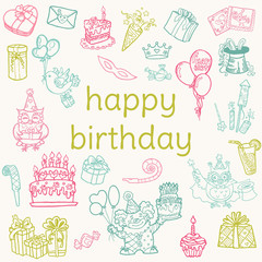 Fototapeta premium Birthday Card - with hand drawn elements - for Scrapbook, Invita