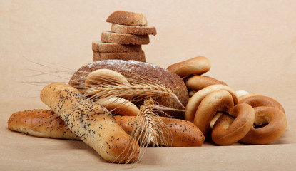 Fresh bread on a light brown background.