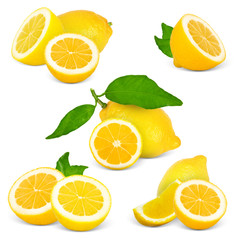Collection of lemon with slices and leaves isolated on white