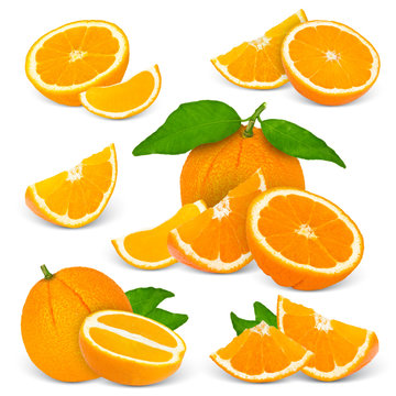 Collection of oranges with leaves and slices isolated on white