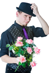 Man in black hat with bouquet