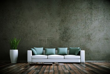 Wohndesign - Weisses Sofa vor grauer Wand - obrazy, fototapety, plakaty