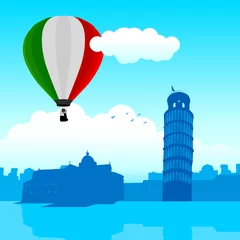 Papier Peint photo autocollant Doodle Illustration de l& 39 horizon de Pise avec ballon à air drapeau italien