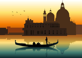 Fototapeta premium Silhouette illustration of people on gondola in Venice