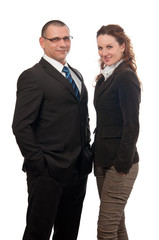 Smiling businessman and business woman making a successful team
