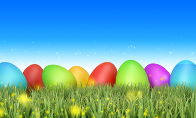 Easter Eggs sitting on grass field with blue sky background