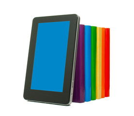 Obraz na płótnie Canvas Row of colorful books and tablet PC
