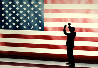 Cheering American Politician Silhouette on Flag in Background