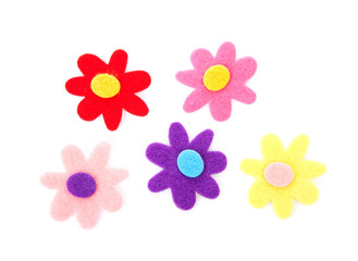 Five colorful felt flowers