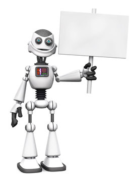 White smiling cartoon robot holding sign.