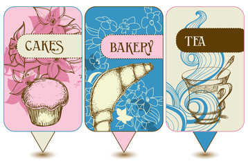 Bakery, tea and cakes labels