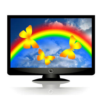 Computer monitor with butterflies and rainbow