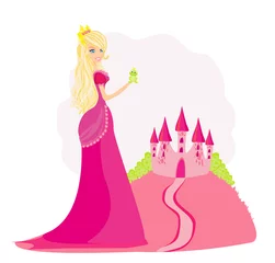 Foto auf Acrylglas Schloss Schöne junge Prinzessin, die einen großen grünen Frosch hält