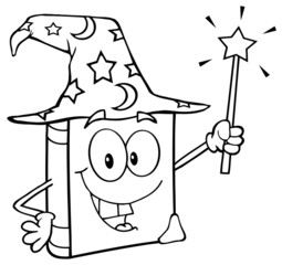 Outlined Wizard Book Cartoon Character Holding A Magic Wand