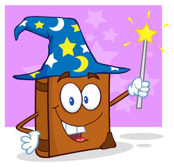 Wizard Book Cartoon Character Holding A Magic Wand
