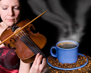 Cup of coffee with woman playing the violin © milkovasa