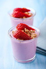 Bilberry Yogurt with Granola and Strawberries