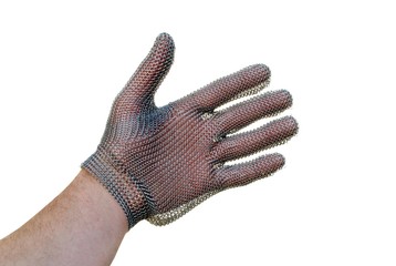 man hand with a butcher glove isolated on white background