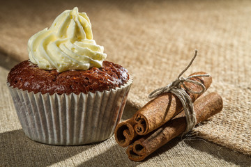 Chocolate muffin with vanilla cream and cinnamon bark