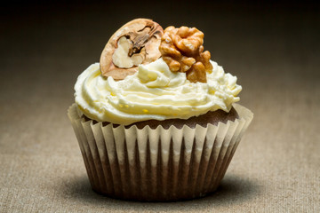 Closeup muffin and vanilla cream with walnut