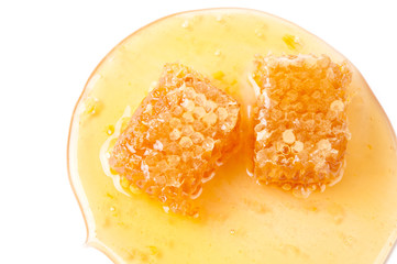 Fresh honey and honeycomb slices, view from above