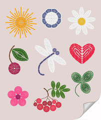 Embroidery elements set: sun, cherry,  flower, trefoil