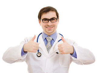 A doctor with a stethoscope and glasses gesture shows okay