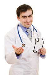 Fototapeta premium A doctor with a stethoscope and glasses speaks