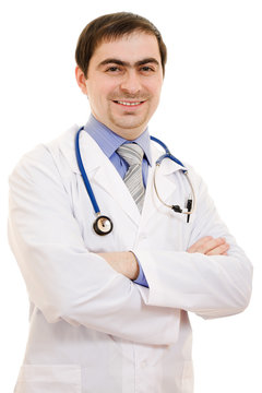 A doctor with a stethoscope placed his hands crosswise