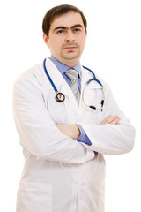 A doctor with a stethoscope placed his hands crosswise