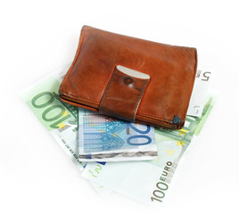 Leather wallet with euro banknotes