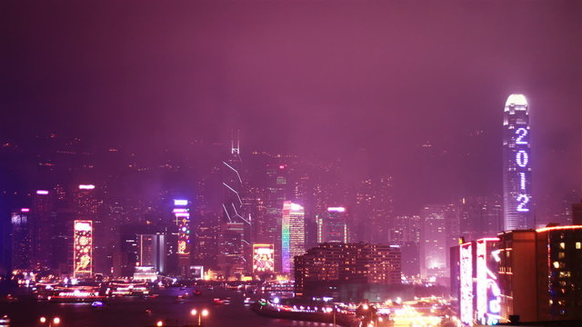 Hong Kong skyline with a fireworks. time lapse