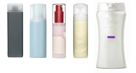 Set of plastic bottles of body care and beauty products
