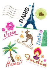 Stickers pour porte Doodle Ensemble de dessins de croquis de points de repère de différents pays