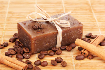 Hand-made soap on wooden mat