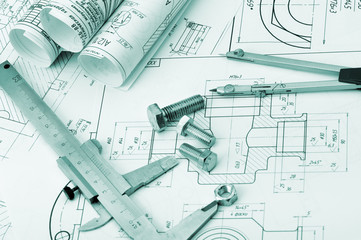 The plan industrial details, a screws, caliper, divider. A photo